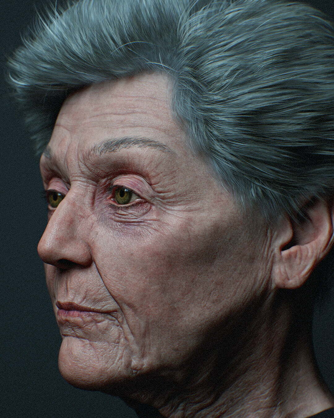 3D portrait of an elderly lady with real-time hair in three quarter view by Roy Nottage