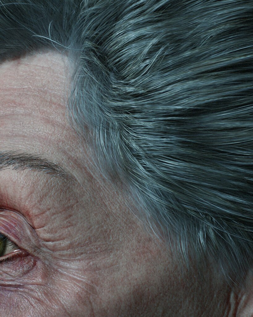 Close up of 3D real-time elderly hair using hair cards