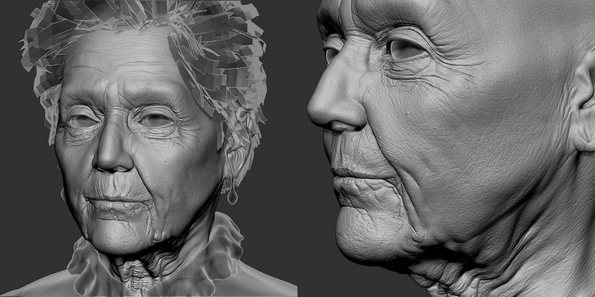 Zbrush sculpt of elderly skin wrinkles